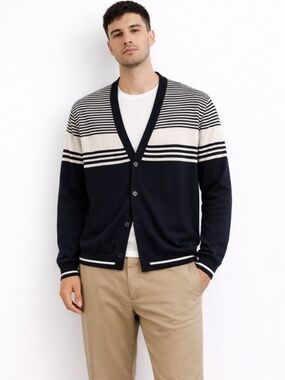 21Men Striped Navy & White Striped Button Up Cardigan – Size Large GUC